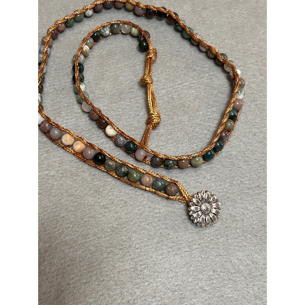 Boho Multi Stone Beaded Wrap Bracelet Gold Cord Silver Sunflower Toggle Closure